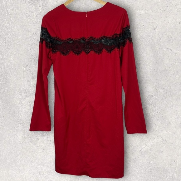 Everly Red Black Lace Long Sleeve Dress Size Large Style ED2245 Round Neck Boho - Picture 11 of 11